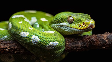 Fototapeta premium mesmerizing green python viper snake resting coiled on a branch with a dark backdrop, representing the elegance of nature and the beauty of wildlife, perfect for those fascinated by exotic reptiles
