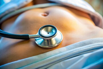 Close-up of a stethoscope on a patient's abdomen with soft focus on surrounding skin and subtle lighting effect