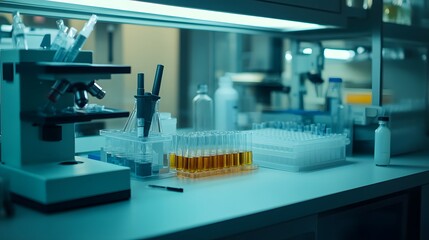 Laboratory Equipment with Test Tubes and a Microscope