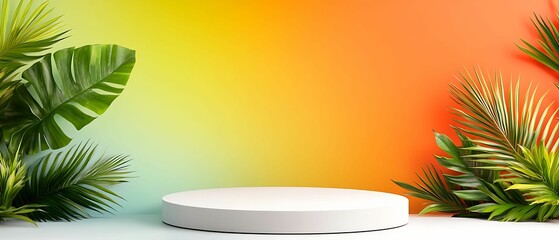 Obraz premium A vibrant background with tropical leaves flanking a circular white platform, creating an inviting and fresh atmosphere.