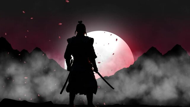 A Samurai Standing And Watch Sun Risings During His Sword Practice, Animation Background With Cherry Blossom Trees Leaf, Mountain And Sun Rising View Motion Animation. Sun Rising View Watching 