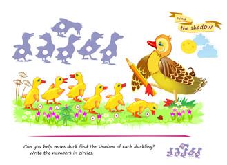 Best puzzles for kids. Can you help mom duck find the shadow of each duckling? Write the numbers in circles. Educational game for children. Task for attentiveness. Vector illustration.