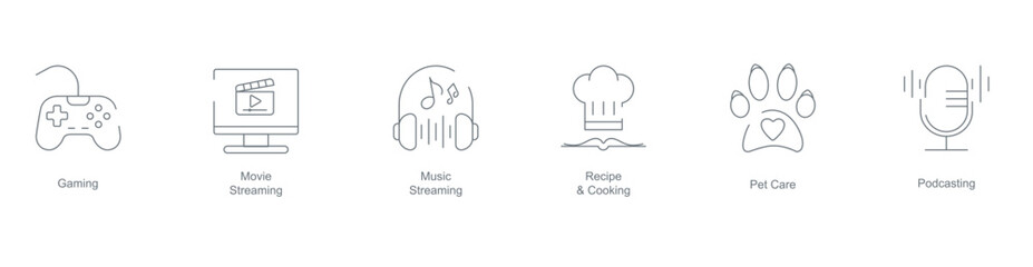 Gaming, Movie Streaming, Music Streaming, Recipe and Cooking, Pet Care, and Podcasting mobile app Icon Set