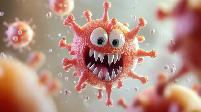 A cute monster cartoon virus with big teeth attacking a human cell against a blurred background.
