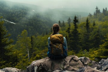 Fototapeta premium Hiker landscape backpack sitting.