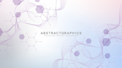 Modern scientific background with hexagons, lines and dots. Wave flow abstract background. Molecular structure for medical, technology, chemistry, science. Vector illustration