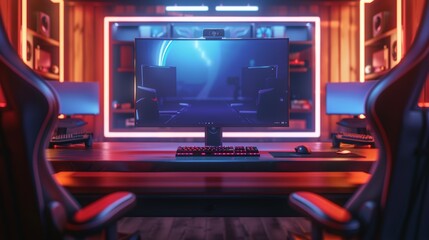 Vibrant E-Sports Event Background with Modern Gaming Setup and Neon Lighting in a Professional Gaming Arena