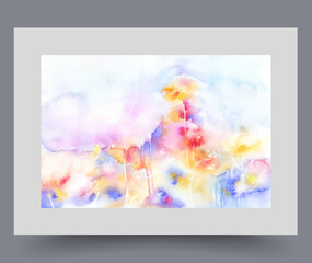 Summer colorful flowers grow in clearing and glow brightly on background of blue sky. Abstract watercolor wild flowers poster for wall decoration gallery painting with environmental display
