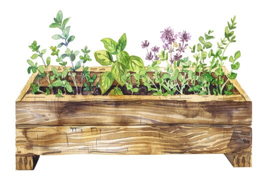 recommend clip art: Vegetable Garden Clipart. Wooden Box with Basil, Thyme, and Rosemary Plants. Watercolor Handdrawn Illustration