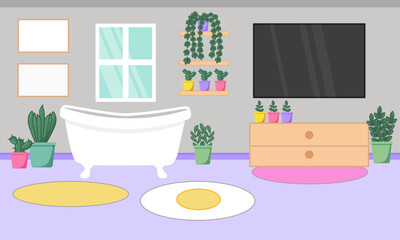 Cartoon bathroom furniture background vector illustration with mockup painting. Modern flat room with bath, window, tv, dresser, plants growing in pots for gameplay, children game, commercial use