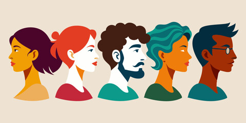 group of people in a row. Silhouette heads.Set of profile faces of different people. Man and woman head in profile symbol. Set man and woman head icon silhouette. Anonymous faces ... 