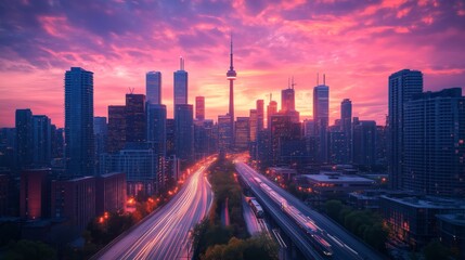 Obraz premium A city skyline at night with light trails from cars driving on the streets