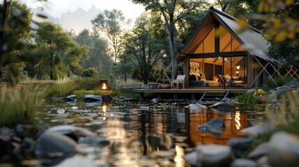 Cozy Glamping Tent by a Serene Forest Lake at Sunset with Campfire and Mountain View