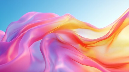 Obraz premium Abstract background with colorful waves of flowing fabric in motion against a blue sky, colorful abstract wavy shapes in pink and yellow colors