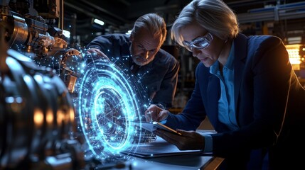 A scientist examines complex technology as a holographic interface displays data, showcasing innovation and collaboration in a modern lab environment.