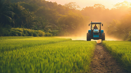Fototapeta premium Rural Farming Technology : Tractor on Green Plains