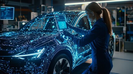 A technician interacts with a holographic interface, surrounded by a futuristic car design illuminated with digital patterns in a modern workshop.