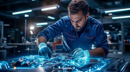A focused technician examines a high-tech component, illuminated by glowing blue elements, in a modern workshop.