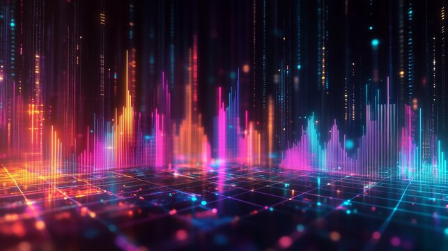 Digital background featuring colorful bar graph and line chart, glowing light effects on a dark backdrop, financial graphs with neon accents