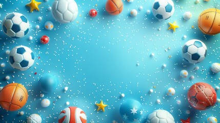 Frame Border with Various Sports Balls on Pastel Background with Confetti and Stars - Perfect for Sports-Themed Designs