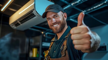A smiling technician gives a thumbs-up in a workshop, showcasing a positive attitude and professionalism in his trade.