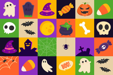 Halloween geometric icon pattern. Set of spooky elements. Colorful modern vector illustration.