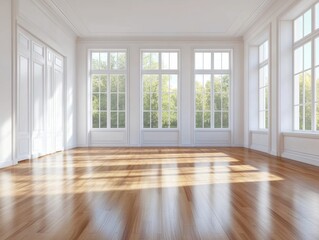 A large room with white walls and wooden floors. There are three windows in the room. The room is empty and has a lot of natural light