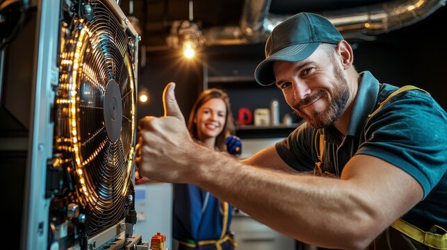 A technician and a woman work together on an appliance, showcasing teamwork and expertise with a thumbs-up gesture.