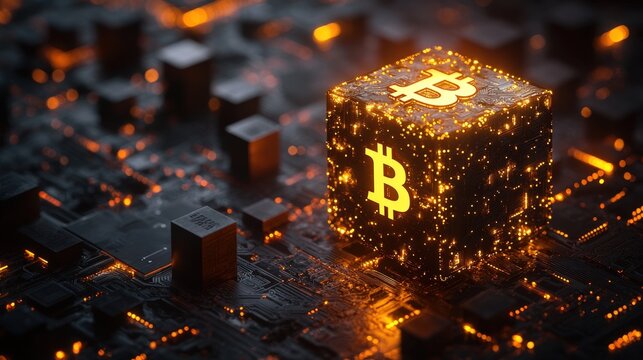 Glowing Bitcoin symbol on a circuit board, representing digital currency and technology.