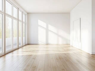 A large empty room with a white wall and wooden floors. There is a large window in the room