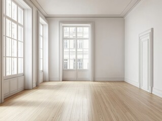 Obraz premium A large empty room with a white door and windows. The room is very clean and has a lot of natural light coming in from the windows