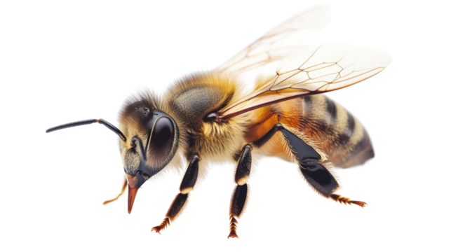 Bee isolated on a white background, capturing its details as it hovers, showcasing the beauty of nature and pollination