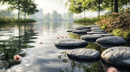 Serene Stone Pathway Over Calm Water in a Tranquil Park Setting with Lush Greenery and Blossoming Flowers