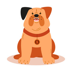 PrintAn angry growling cartoon dog bulldog with a medal on his chest.  Vector illustration in a flat style. The emotional expression of a pet.
