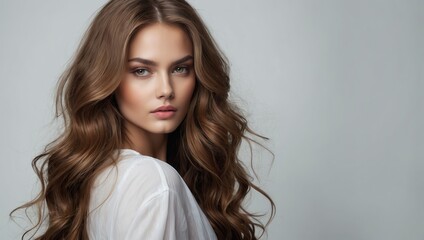 Naklejka premium A woman with long brown hair is standing in front of a white background