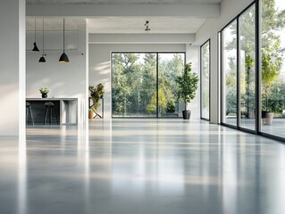 Fototapeta premium A large open room with a kitchen and a dining area. The room is very clean and has a lot of natural light