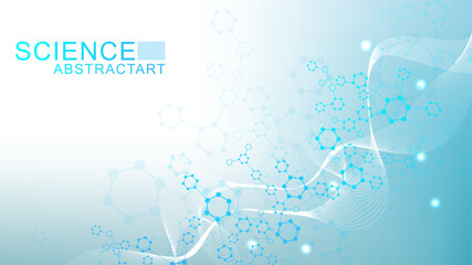 Modern scientific background with hexagons, lines and dots. Wave flow abstract background. Molecular structure for medical, technology, chemistry, science. Vector illustration