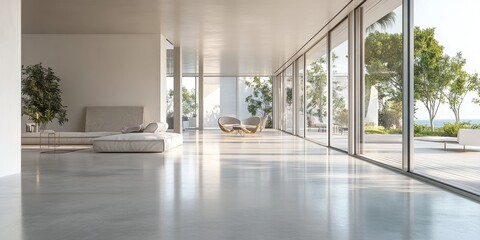 Fototapeta premium A large open living room with a white couch and a white chair. The room has a lot of windows and a view of the ocean