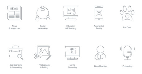 News and Magazines, Social Networking, Education and E-Learning, Augmented Reality, Pet Care, Job Searching, Photography and Editing, Movie Streaming, Book Reading mobile app icon set