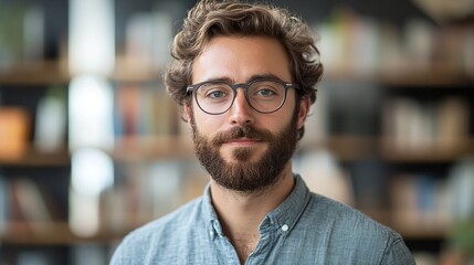 Obraz premium bearded man in glasses in a modern office, contemplating ideas and strategy, professional portrait of a thoughtful entrepreneur focused on creative business planning