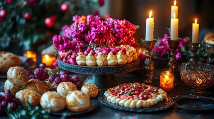 A festive Hanukkah scene with candles, dreidels, and traditional food