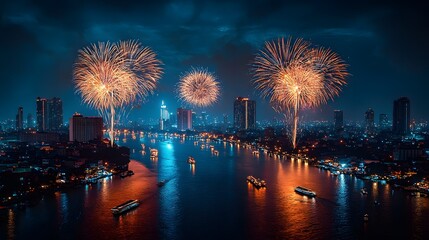 Fireworks lighting up the sky over a city skyline on New Year's Eve