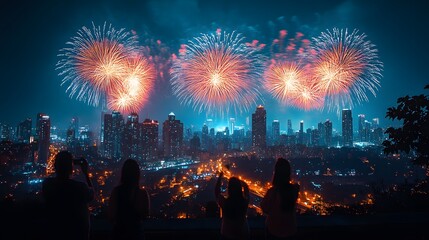Obraz premium Fireworks lighting up the sky over a city skyline on New Year's Eve