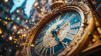 A close-up of a clock striking midnight with confetti falling