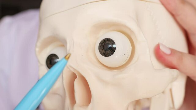 Doctor hand holding simple human skull model and pointing orbit with eye with a pen close up