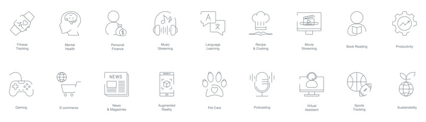 Fitness Tracking, Mental Health, Personal Finance, Music Streaming, Language Learning, Recipe and Cooking, Movie Streaming, Book Reading, Productivity, Gaming, E-Commerce mobile app icon set