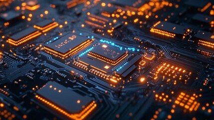 Obraz premium glowing blue and orange lights on futuristic circuit board, representing big data analytics and advanced cybersecurity technology, network protection, digital innovation, data security