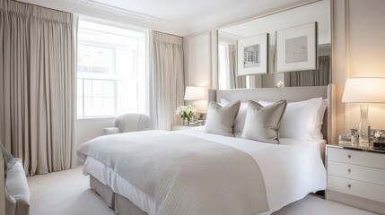 A Bright Contemporary Bedroom Featuring Mirrored Furniture Ideal for Modern Home Decor