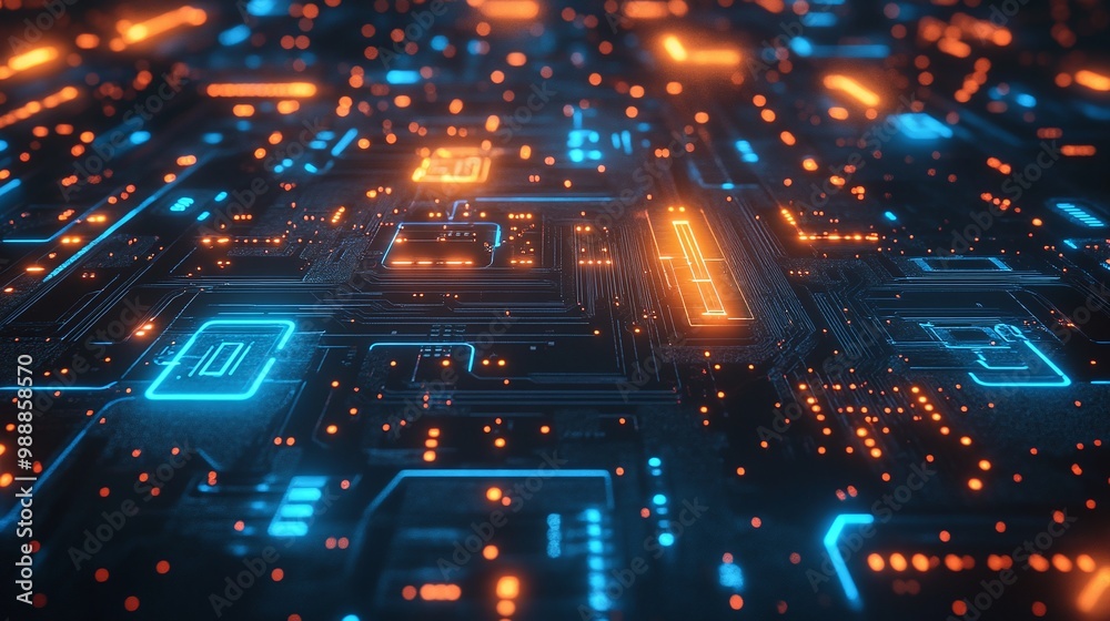 Wall mural advanced cybersecurity and big data analytics technology, futuristic circuit board glowing with blue