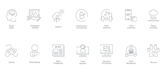Mental Health, Photography and Editing, Weather, Cryptocurrency and Investment, Music Streaming, Travel and Booking, Recipe and Cooking, Gaming, Book Reading, News and Magazines mobile app icons
